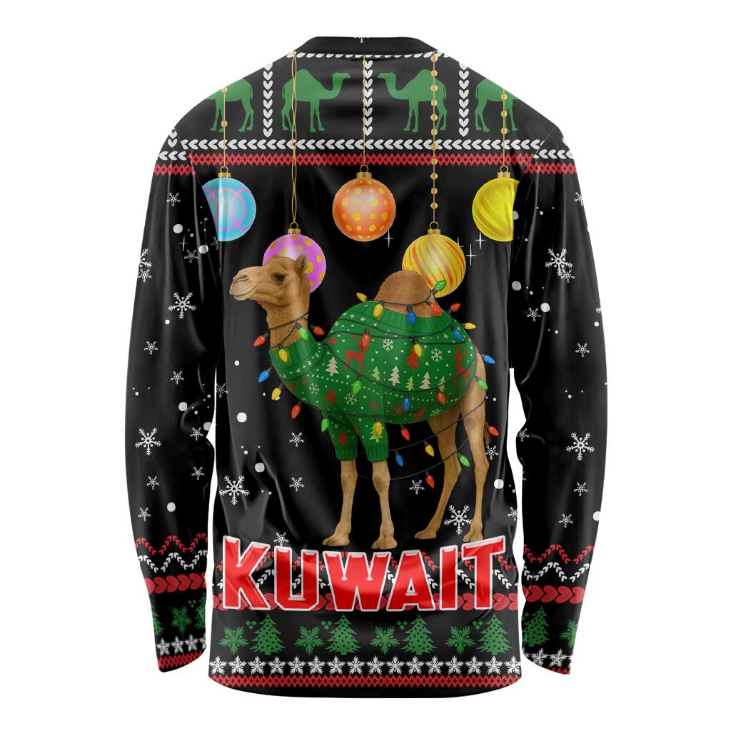 Kuwait Christmas Long Sleeve Shirt with Camel in Festive Ornaments Snowflakes and Green Red - Wonder Print Shop
