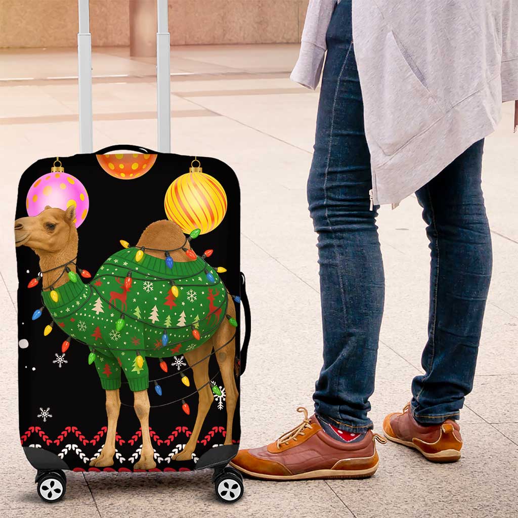 Kuwait Christmas Luggage Cover with Camel in Festive Ornaments Snowflakes and Green Red - Wonder Print Shop