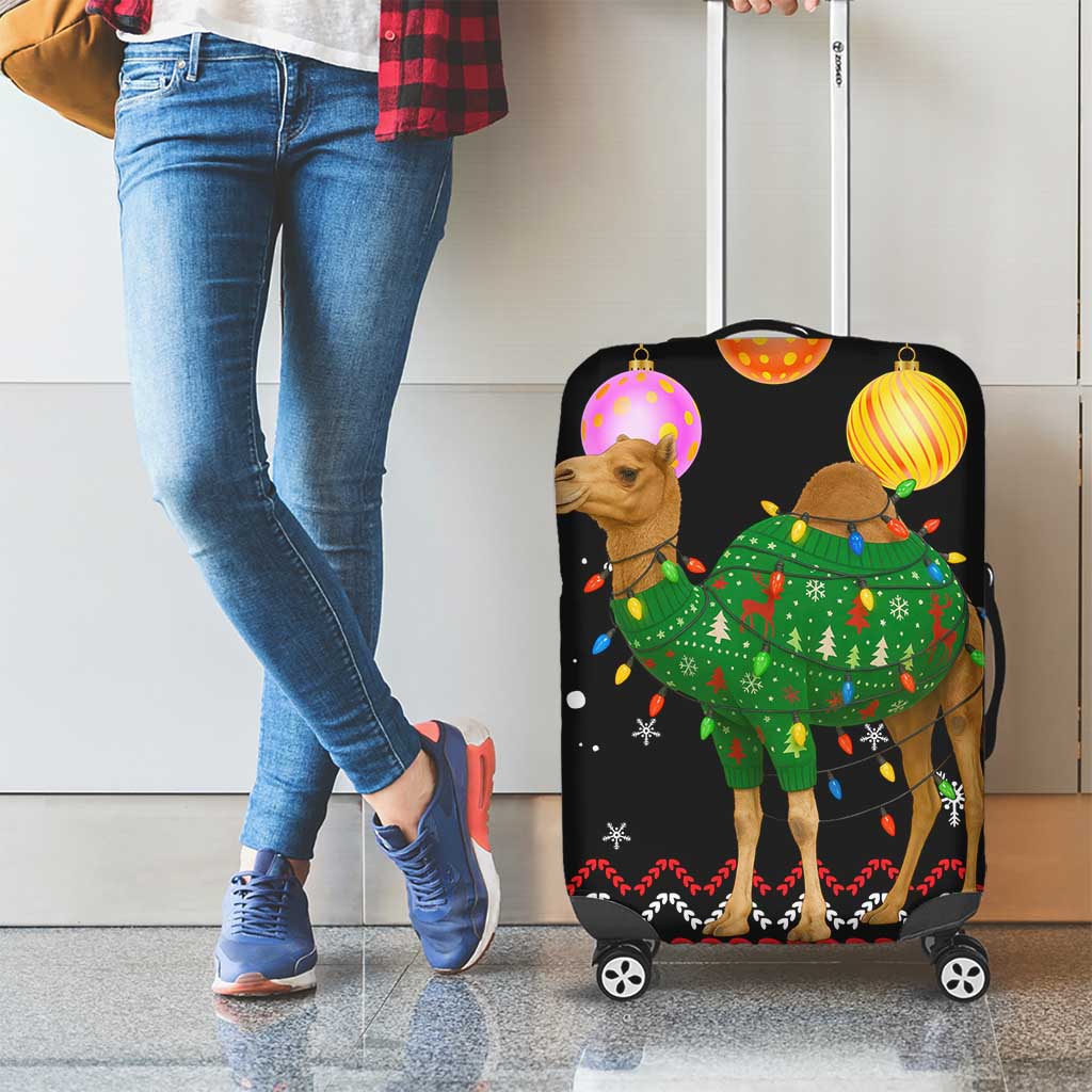 Kuwait Christmas Luggage Cover with Camel in Festive Ornaments Snowflakes and Green Red - Wonder Print Shop
