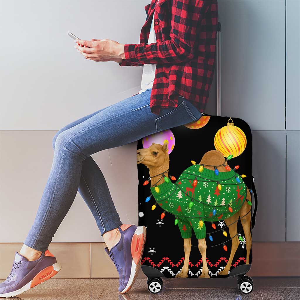 Kuwait Christmas Luggage Cover with Camel in Festive Ornaments Snowflakes and Green Red - Wonder Print Shop