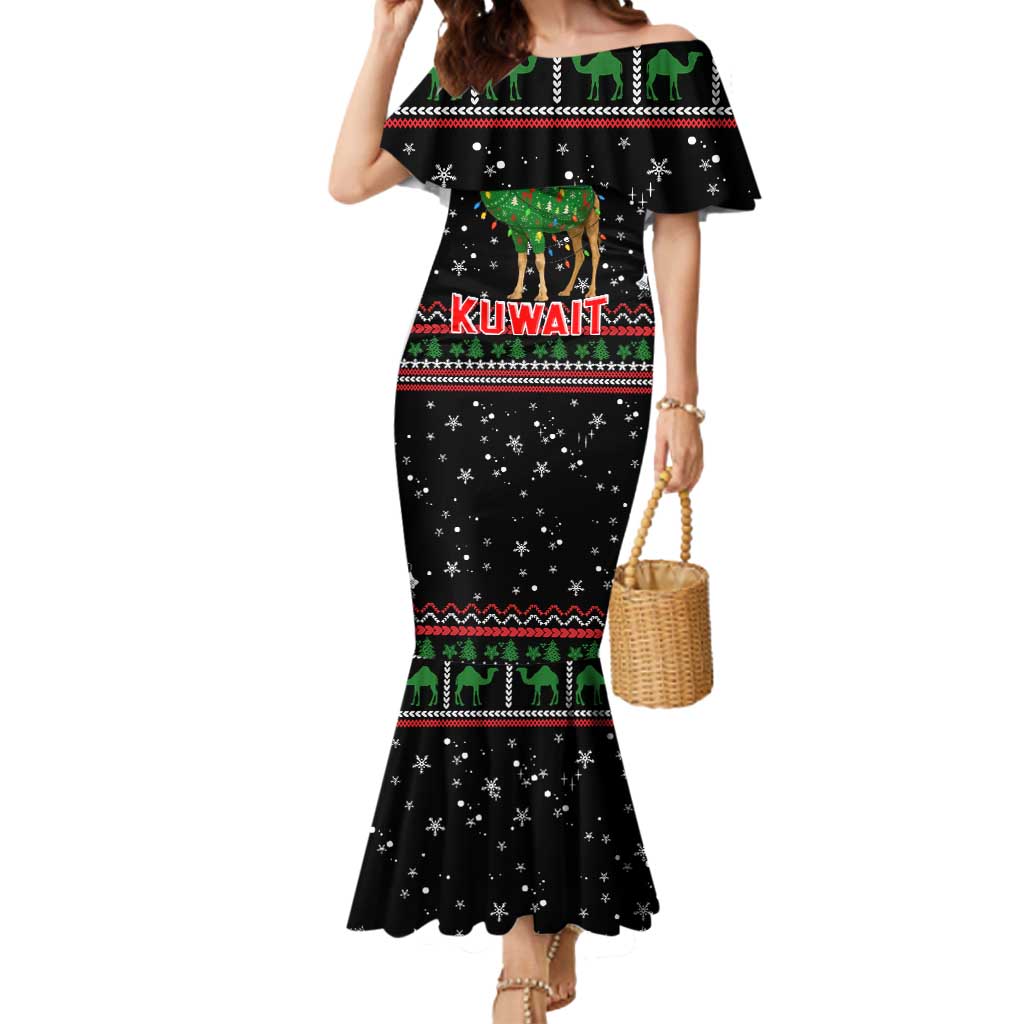 Kuwait Christmas Mermaid Dress with Camel in Festive Ornaments Snowflakes and Green Red - Wonder Print Shop