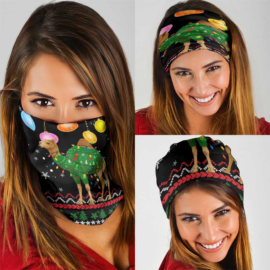 Kuwait Christmas Neck Gaiter with Camel in Festive Ornaments Snowflakes and Green Red - Wonder Print Shop