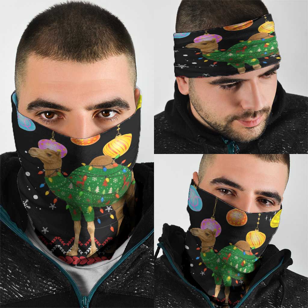 Kuwait Christmas Neck Gaiter with Camel in Festive Ornaments Snowflakes and Green Red - Wonder Print Shop