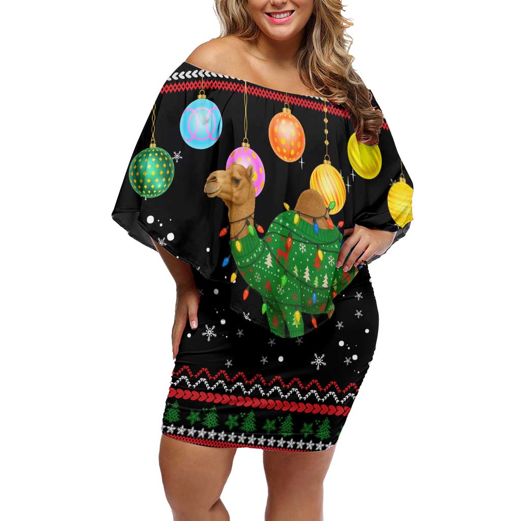 Kuwait Christmas Off Shoulder Short Dress with Camel in Festive Ornaments Snowflakes and Green Red - Wonder Print Shop