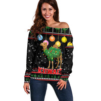 Kuwait Christmas Off Shoulder Sweater with Camel in Festive Ornaments Snowflakes and Green Red - Wonder Print Shop