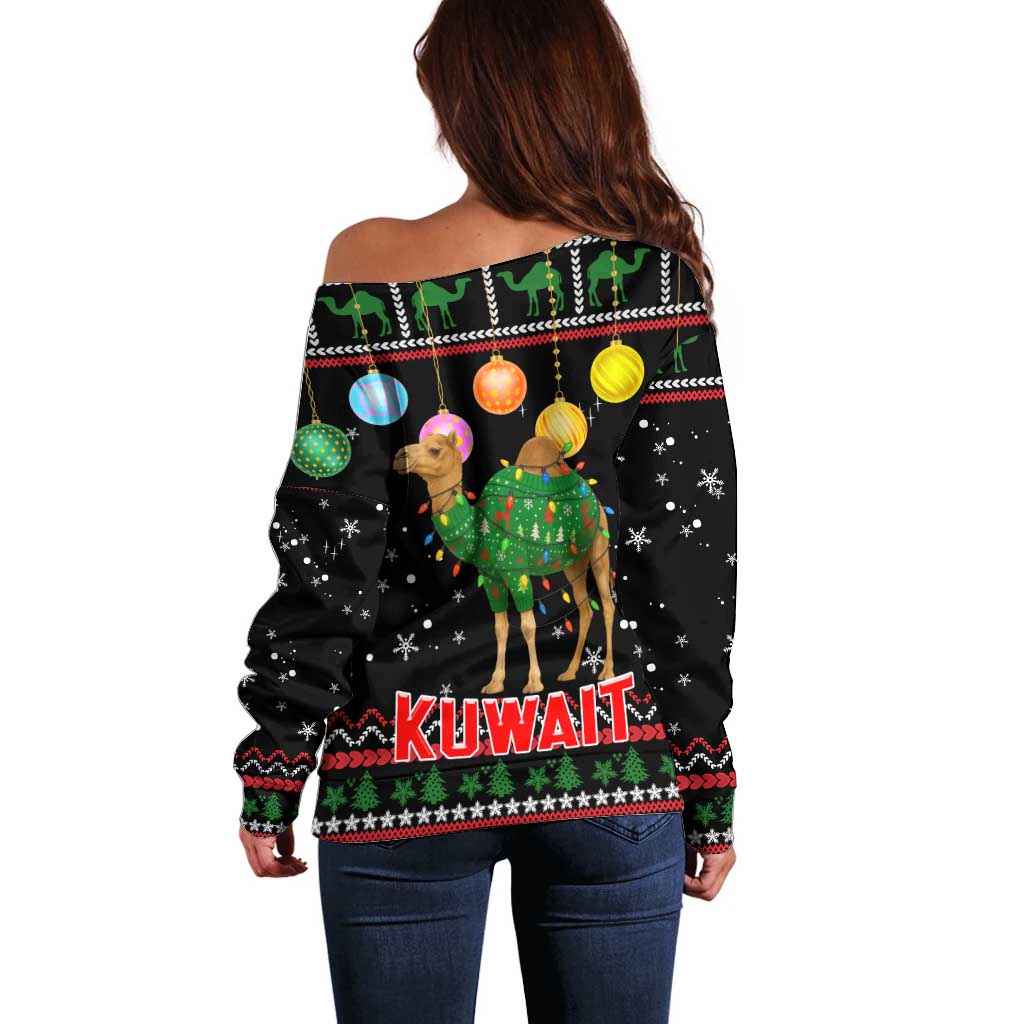 Kuwait Christmas Off Shoulder Sweater with Camel in Festive Ornaments Snowflakes and Green Red - Wonder Print Shop