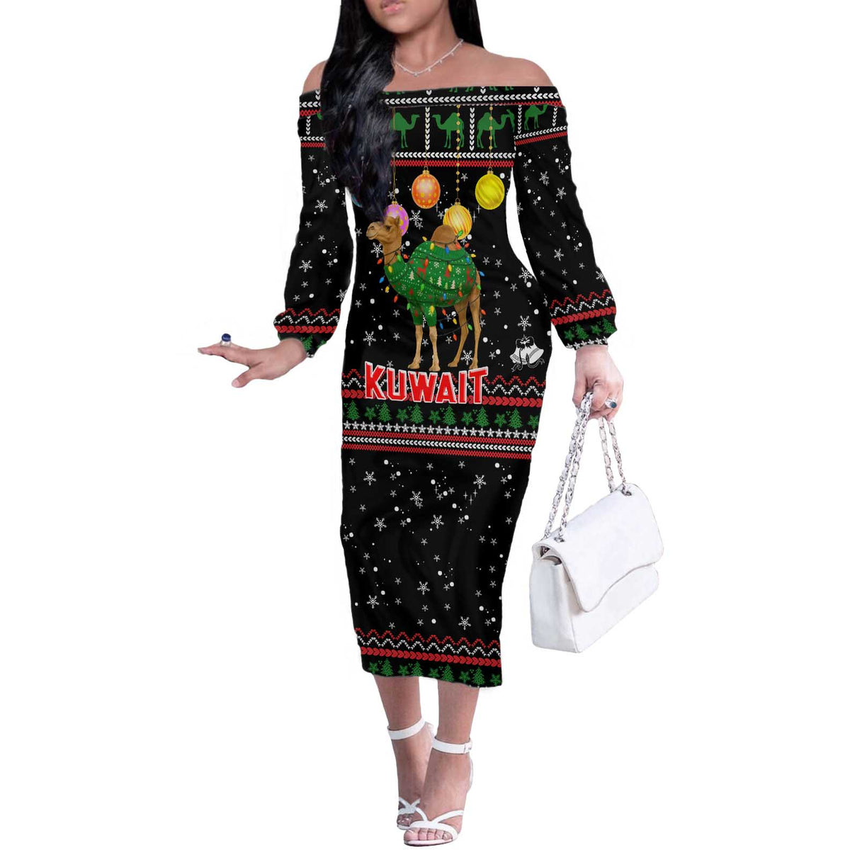 Kuwait Christmas Off The Shoulder Long Sleeve Dress with Camel in Festive Ornaments Snowflakes and Green Red - Wonder Print Shop