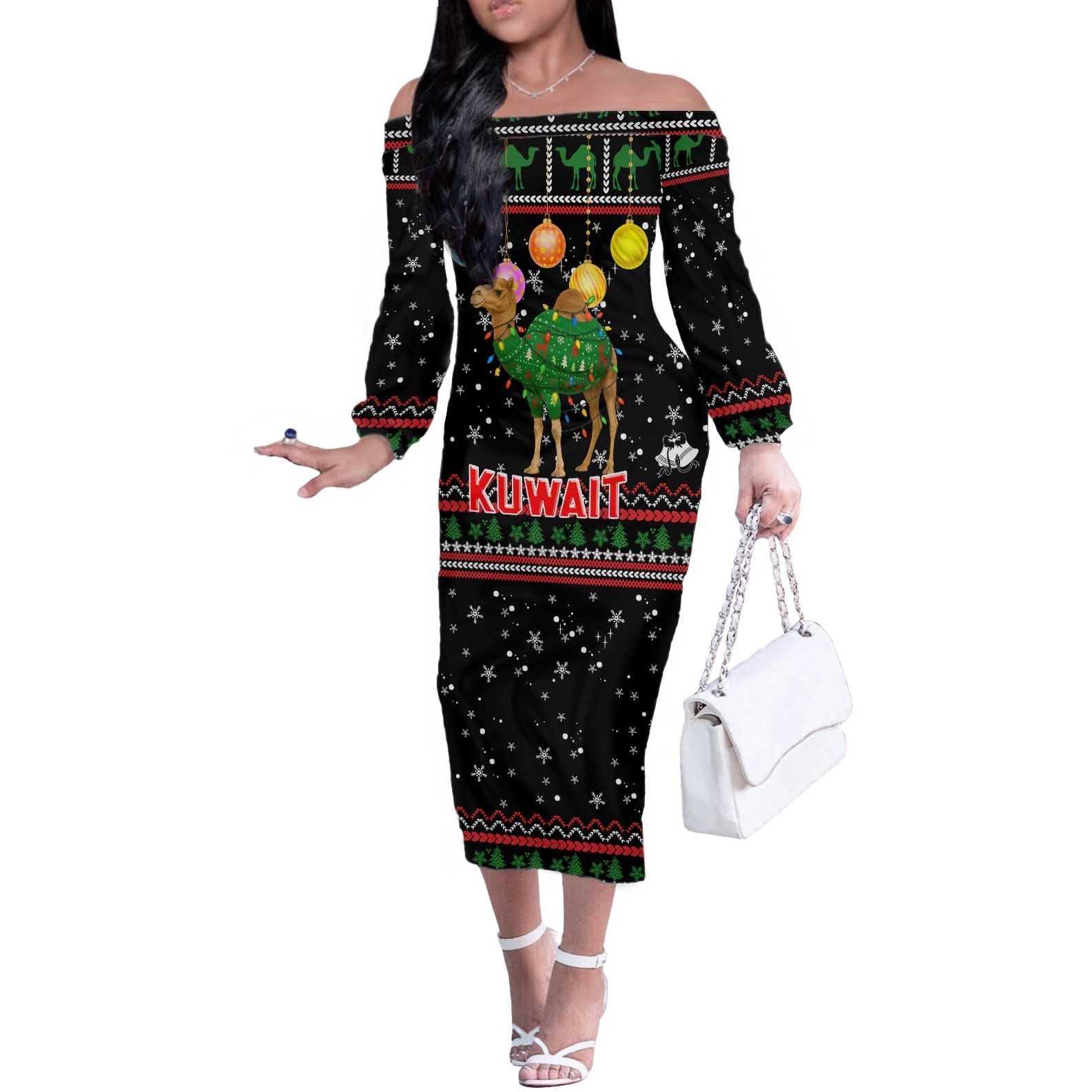 Kuwait Christmas Off The Shoulder Long Sleeve Dress with Camel in Festive Ornaments Snowflakes and Green Red - Wonder Print Shop