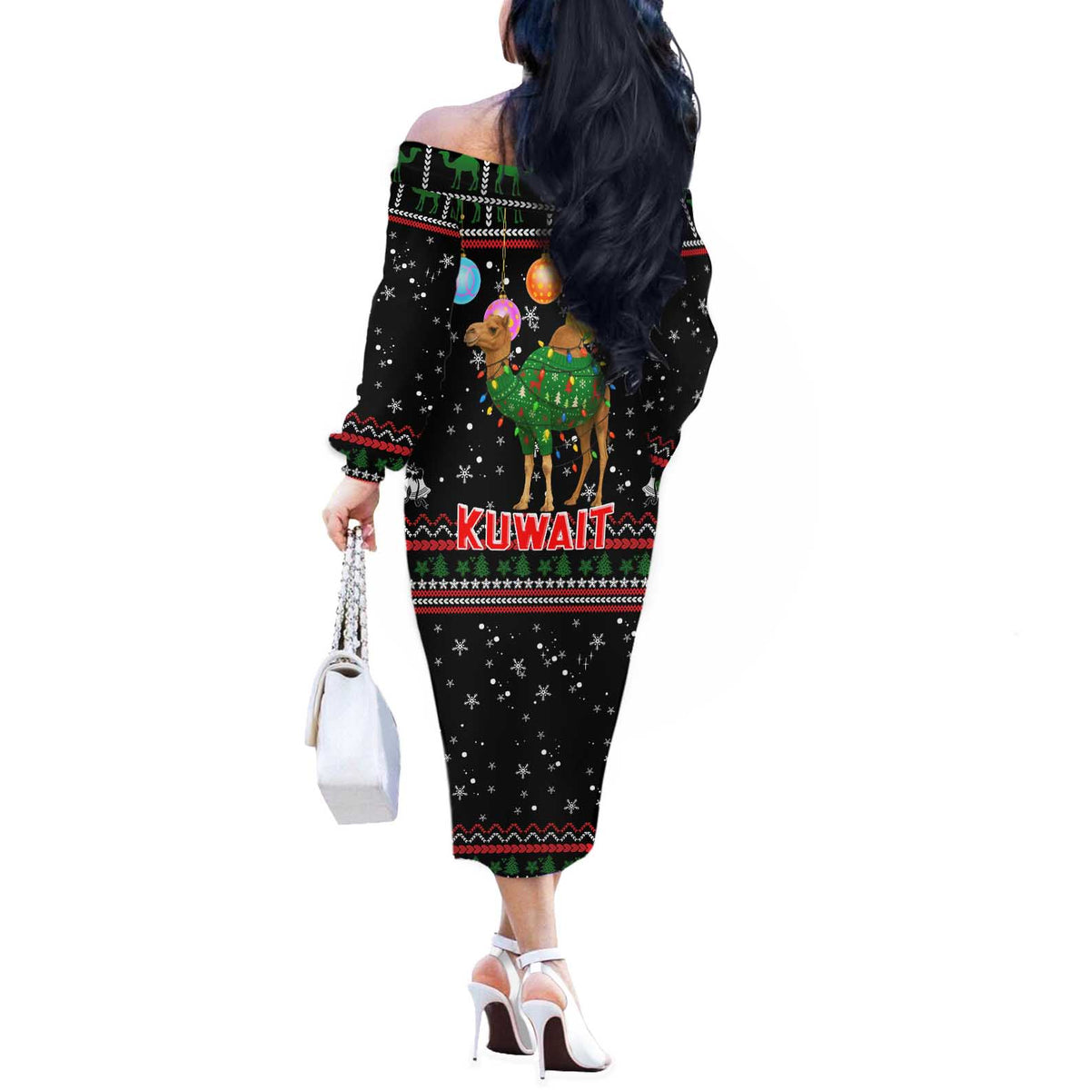 Kuwait Christmas Off The Shoulder Long Sleeve Dress with Camel in Festive Ornaments Snowflakes and Green Red - Wonder Print Shop