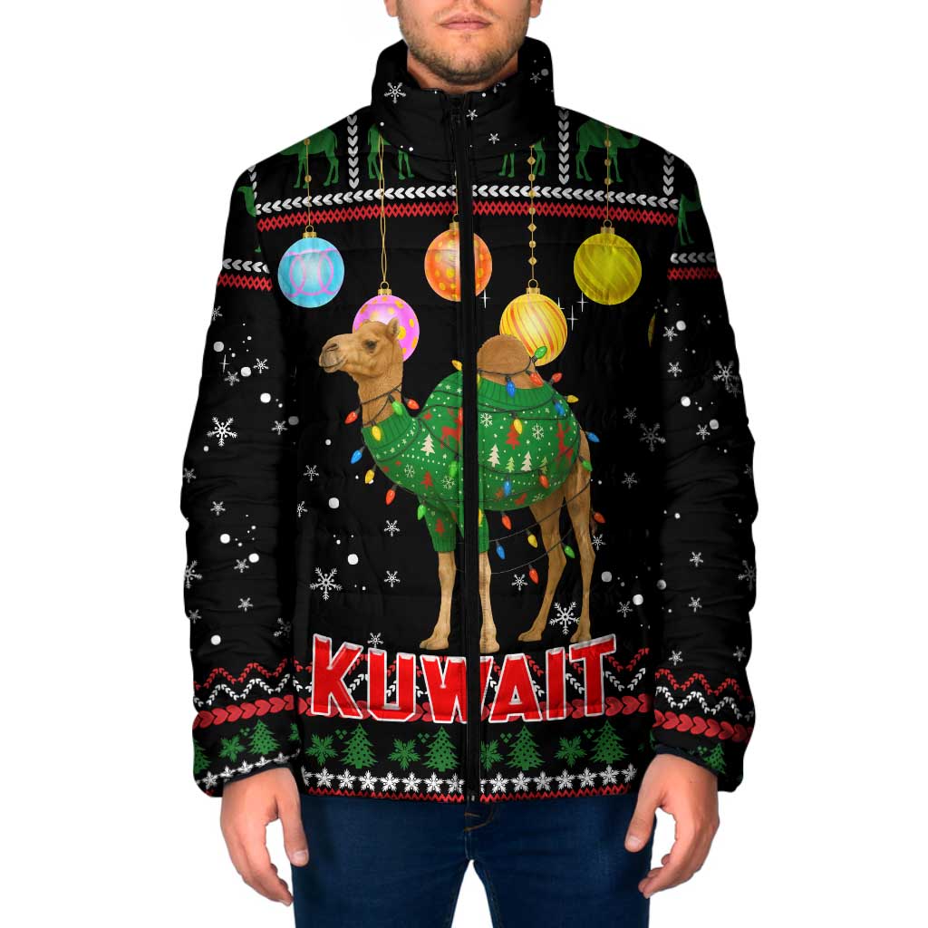 Kuwait Christmas Padded Jacket with Camel in Festive Ornaments Snowflakes and Green Red - Wonder Print Shop