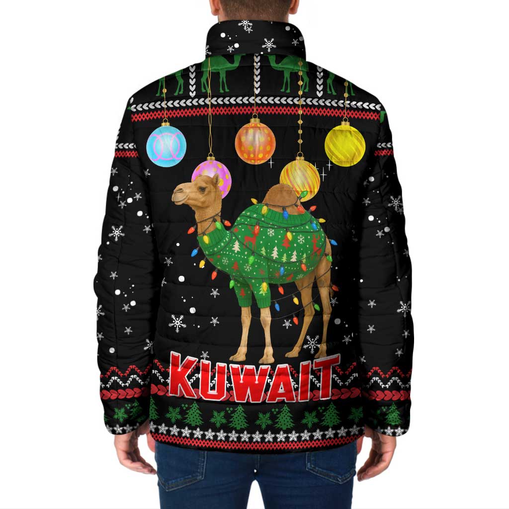 Kuwait Christmas Padded Jacket with Camel in Festive Ornaments Snowflakes and Green Red - Wonder Print Shop