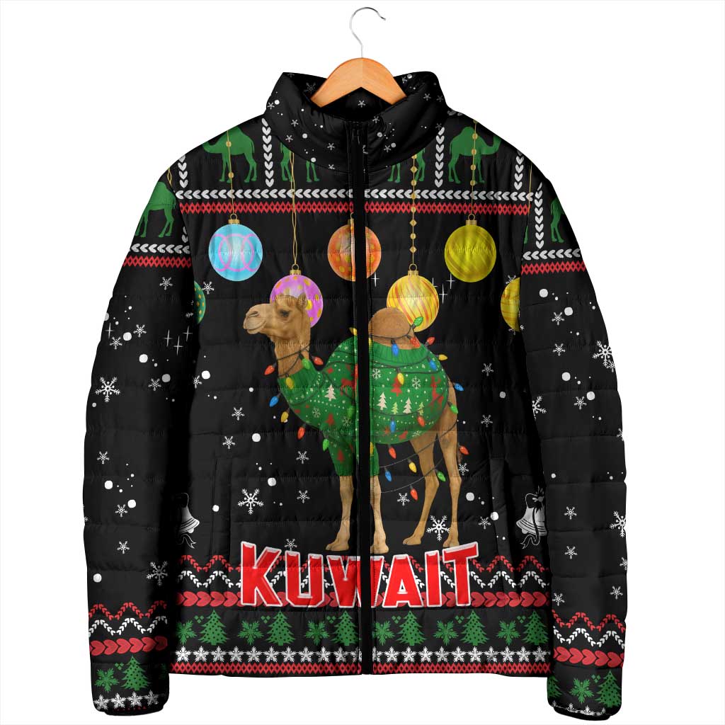 Kuwait Christmas Padded Jacket with Camel in Festive Ornaments Snowflakes and Green Red - Wonder Print Shop