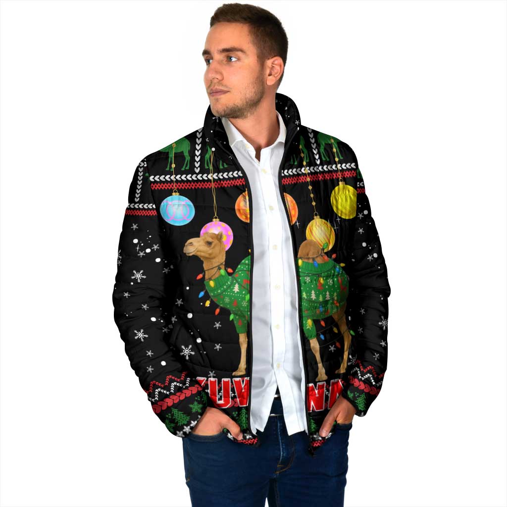 Kuwait Christmas Padded Jacket with Camel in Festive Ornaments Snowflakes and Green Red - Wonder Print Shop