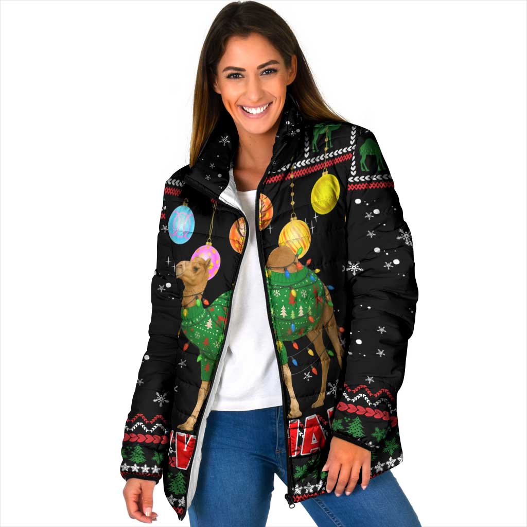Kuwait Christmas Padded Jacket with Camel in Festive Ornaments Snowflakes and Green Red - Wonder Print Shop