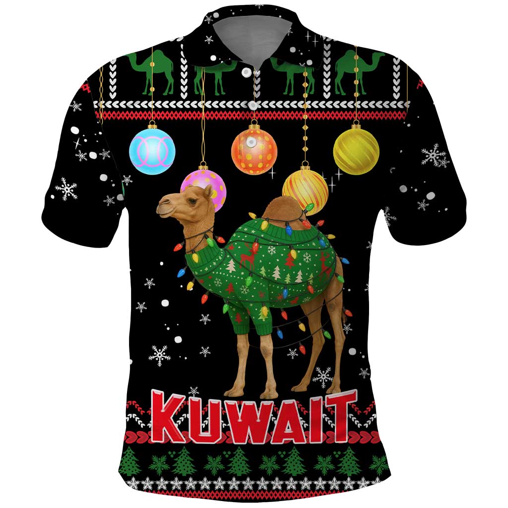 Kuwait Christmas Polo Shirt with Camel in Festive Ornaments Snowflakes and Green Red - Wonder Print Shop