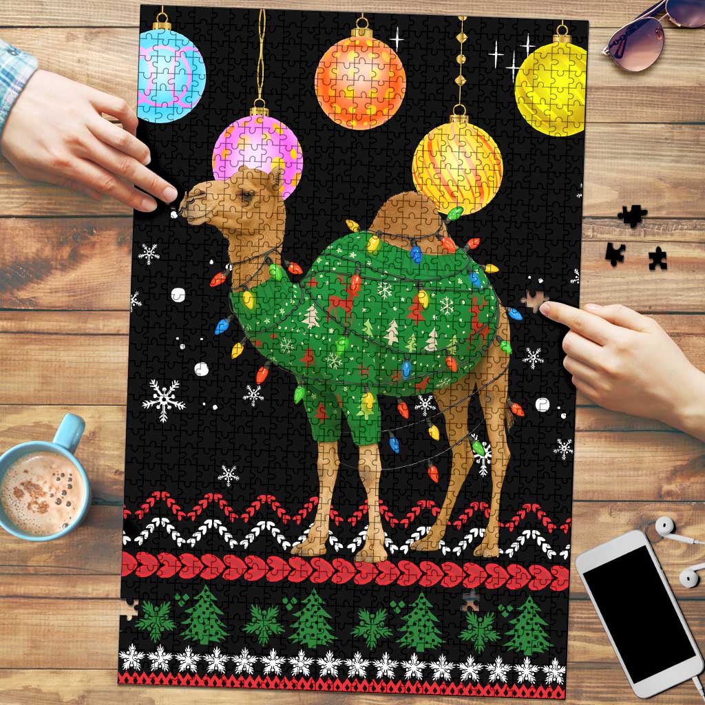 Kuwait Christmas Puzzle with Camel in Festive Ornaments Snowflakes and Green Red - Wonder Print Shop