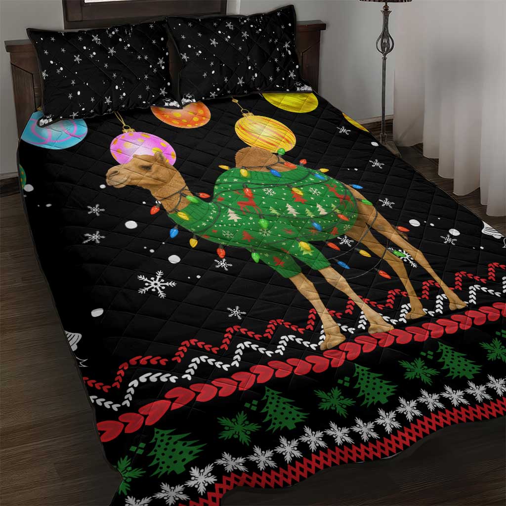 Kuwait Christmas Quilt Bed Set with Camel in Festive Ornaments Snowflakes and Green Red - Wonder Print Shop