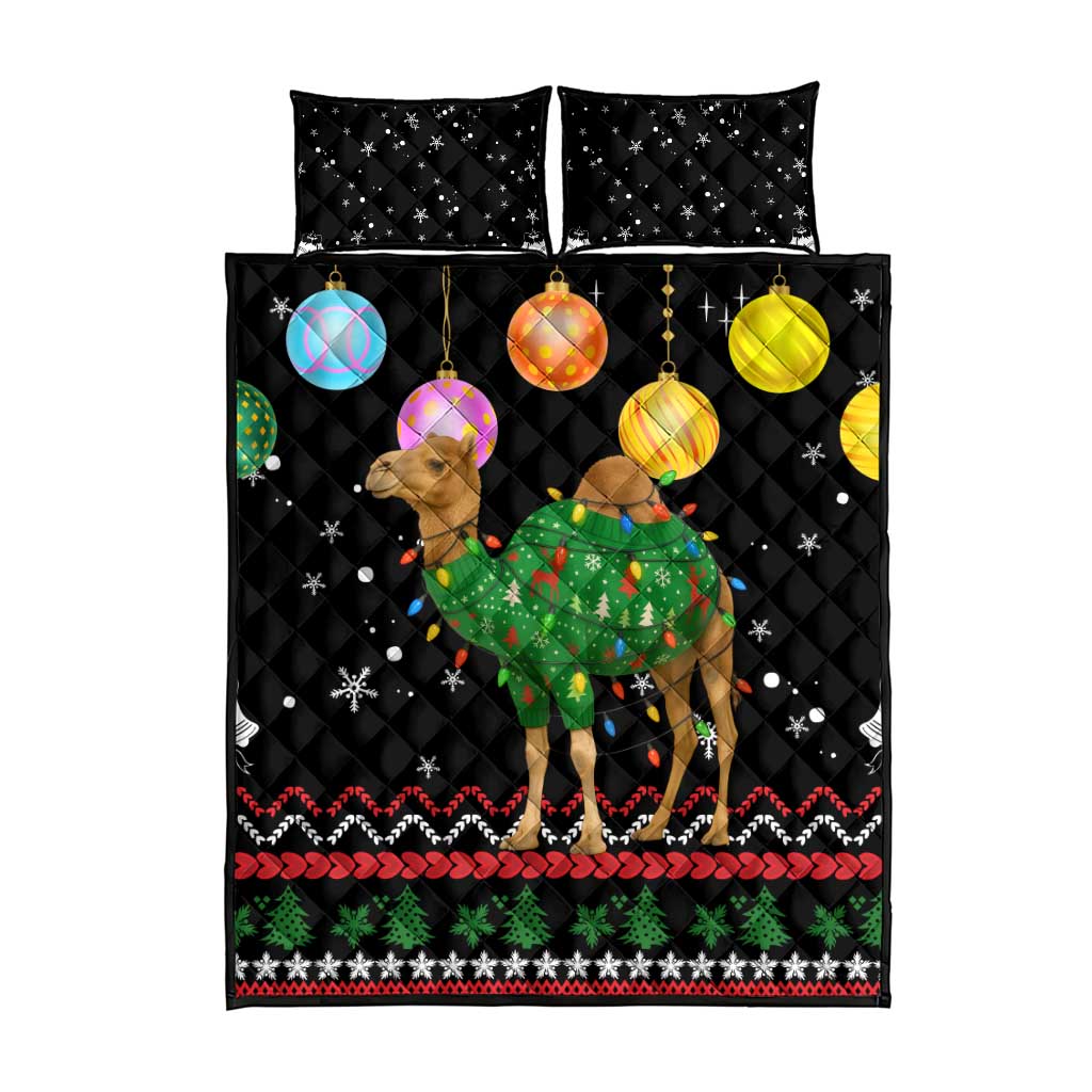 Kuwait Christmas Quilt Bed Set with Camel in Festive Ornaments Snowflakes and Green Red - Wonder Print Shop