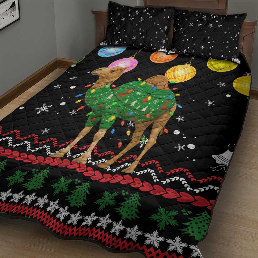 Kuwait Christmas Quilt Bed Set with Camel in Festive Ornaments Snowflakes and Green Red - Wonder Print Shop