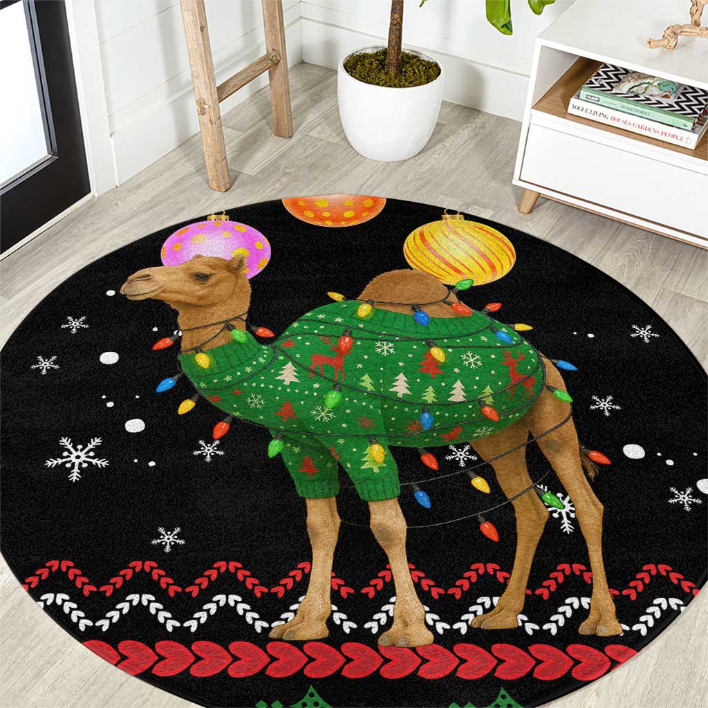 Kuwait Christmas Round Carpet with Camel in Festive Ornaments Snowflakes and Green Red - Wonder Print Shop