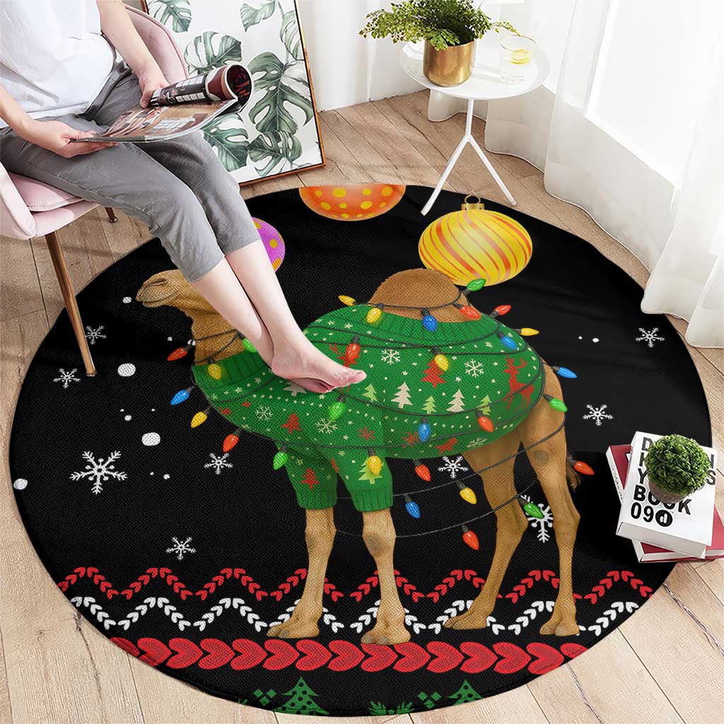 Kuwait Christmas Round Carpet with Camel in Festive Ornaments Snowflakes and Green Red - Wonder Print Shop