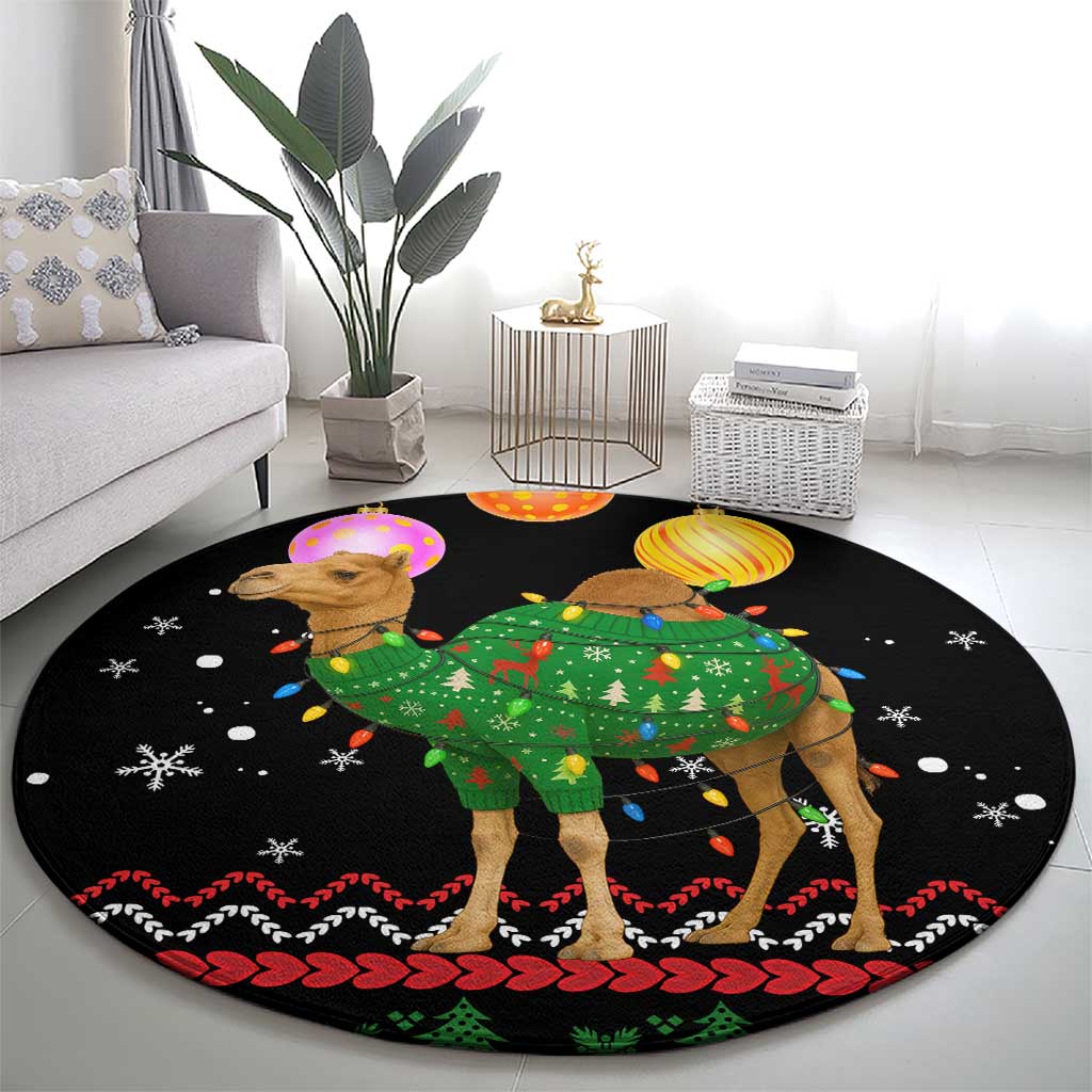 Kuwait Christmas Round Carpet with Camel in Festive Ornaments Snowflakes and Green Red - Wonder Print Shop