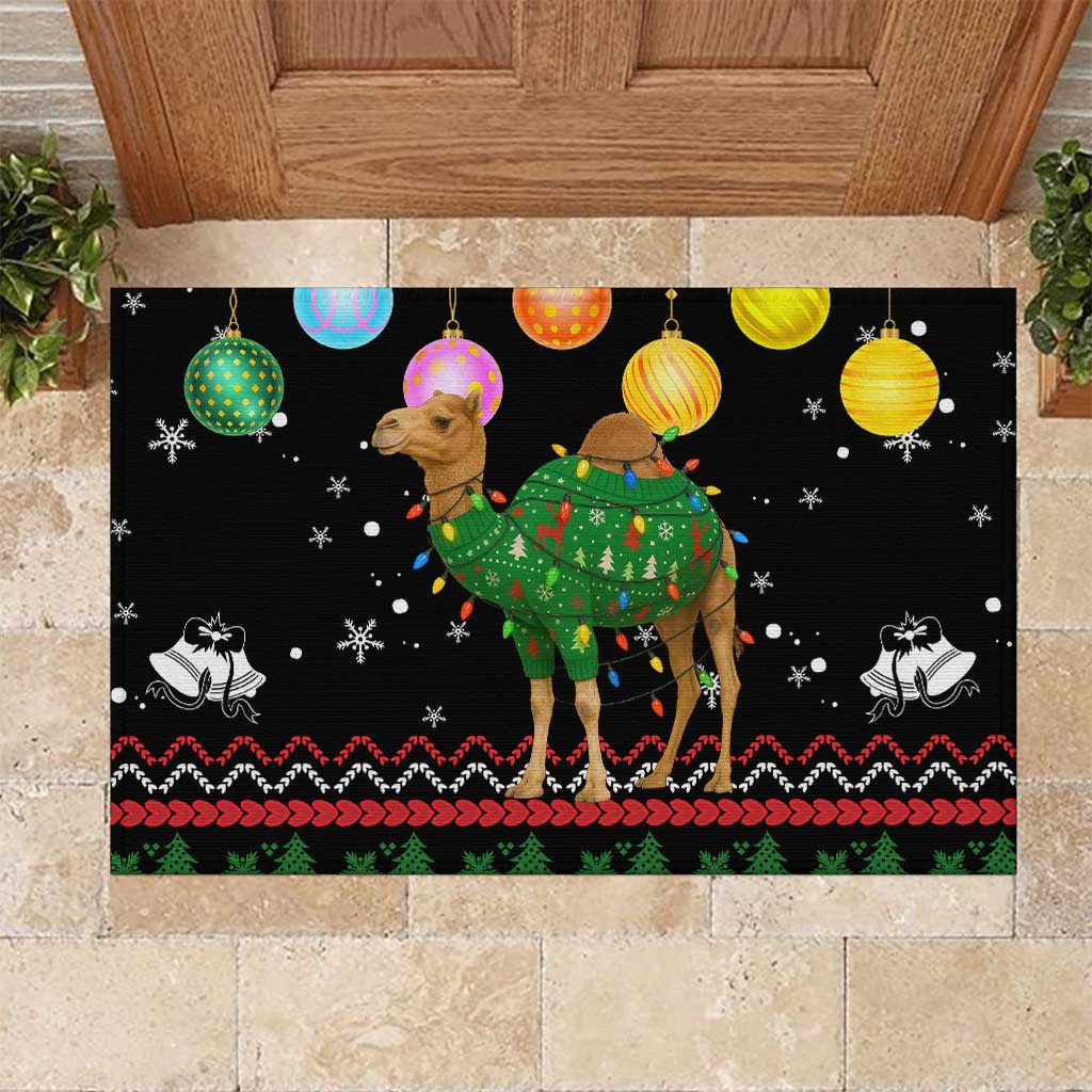 Kuwait Christmas Rubber Doormat with Camel in Festive Ornaments Snowflakes and Green Red - Wonder Print Shop