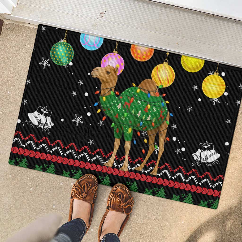 Kuwait Christmas Rubber Doormat with Camel in Festive Ornaments Snowflakes and Green Red - Wonder Print Shop