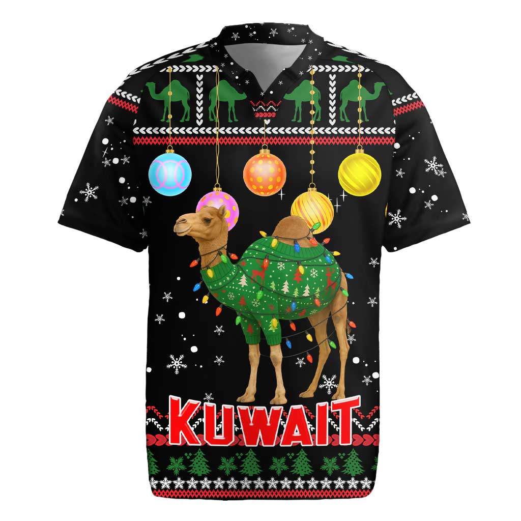 Kuwait Christmas Rugby Jersey with Camel in Festive Ornaments Snowflakes and Green Red - Wonder Print Shop