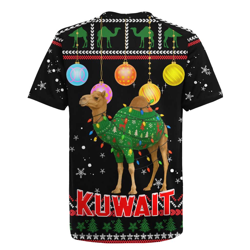 Kuwait Christmas Rugby Jersey with Camel in Festive Ornaments Snowflakes and Green Red - Wonder Print Shop