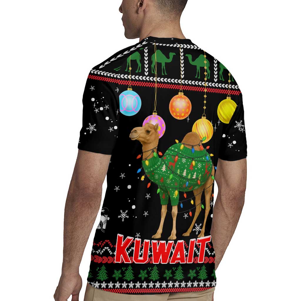 Kuwait Christmas Rugby Jersey with Camel in Festive Ornaments Snowflakes and Green Red - Wonder Print Shop