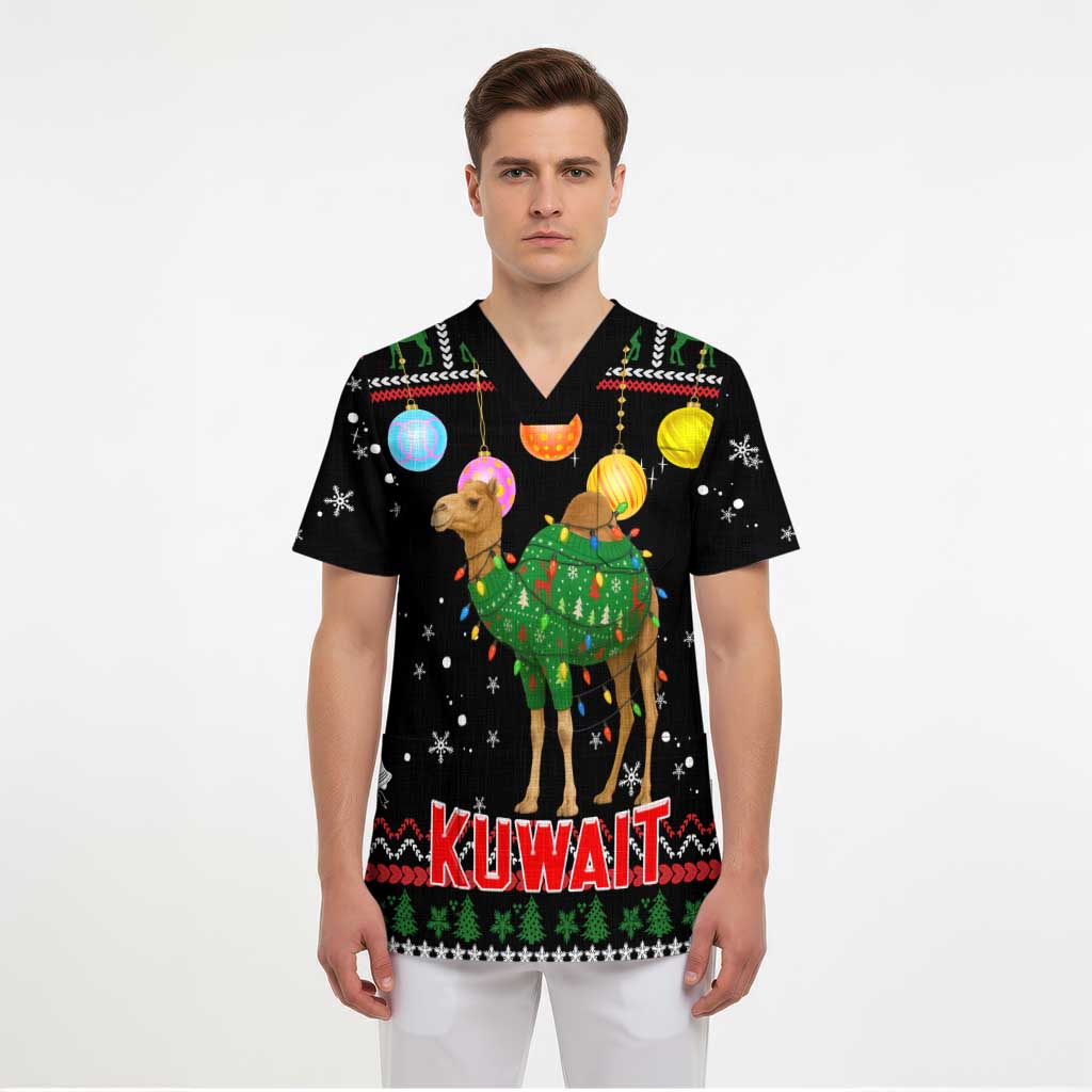 Kuwait Christmas Scrub Top with Camel in Festive Ornaments Snowflakes and Green Red - Wonder Print Shop