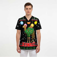 Kuwait Christmas Scrub Top with Camel in Festive Ornaments Snowflakes and Green Red - Wonder Print Shop