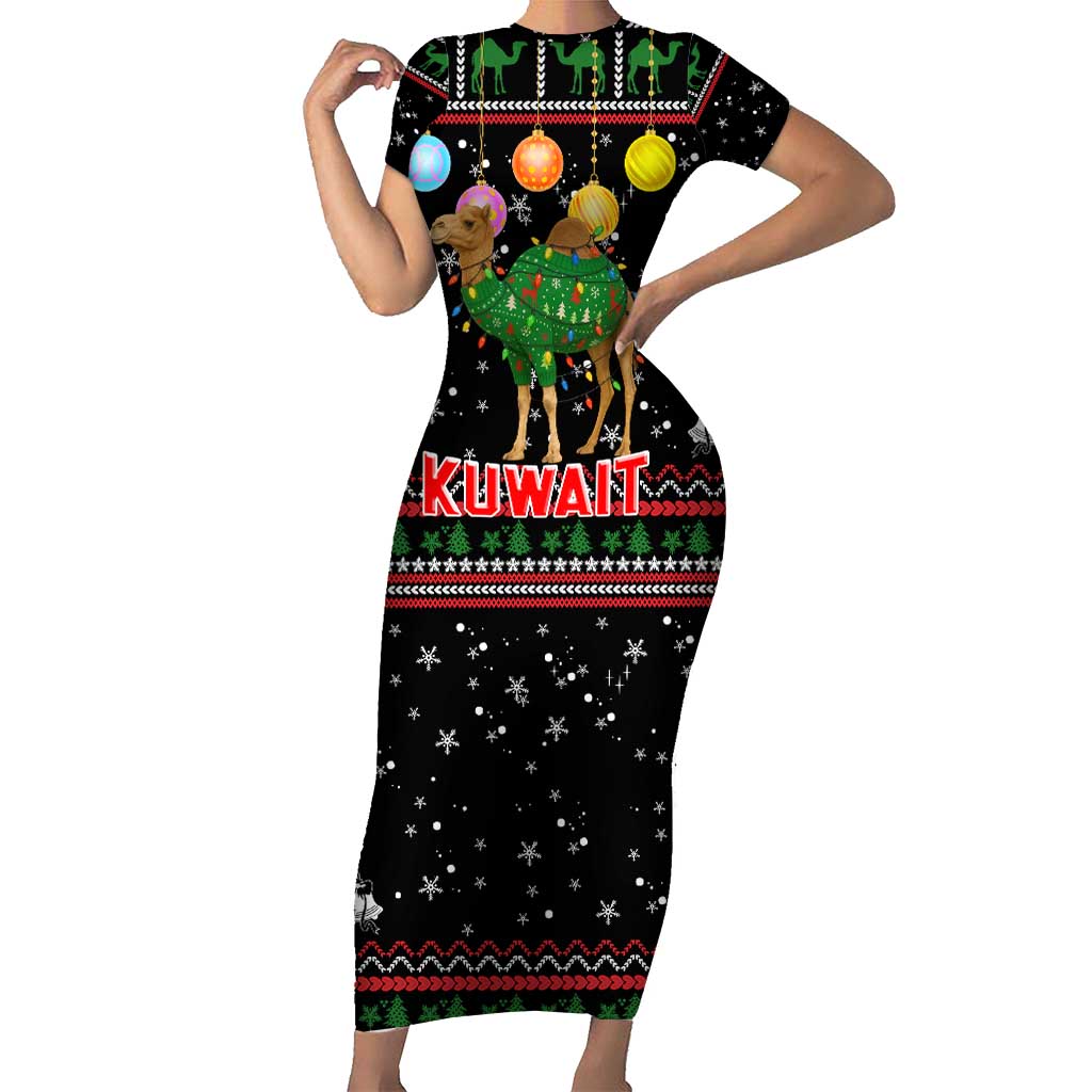 Kuwait Christmas Short Sleeve Bodycon Dress with Camel in Festive Ornaments Snowflakes and Green Red - Wonder Print Shop