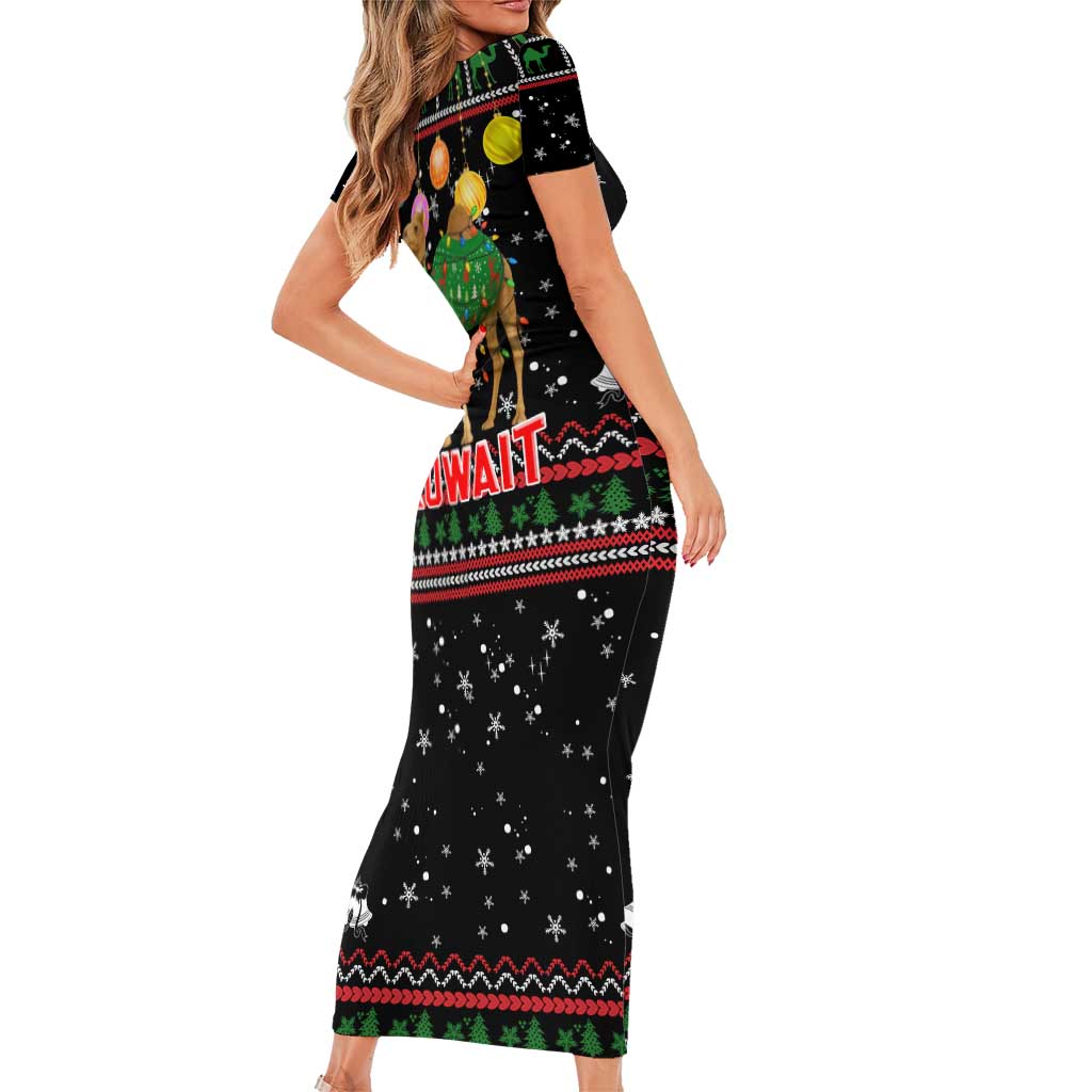 Kuwait Christmas Short Sleeve Bodycon Dress with Camel in Festive Ornaments Snowflakes and Green Red - Wonder Print Shop