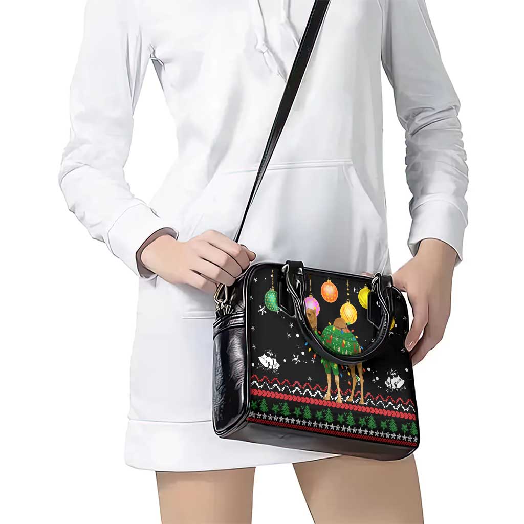 Kuwait Christmas Shoulder Handbag with Camel in Festive Ornaments Snowflakes and Green Red - Wonder Print Shop
