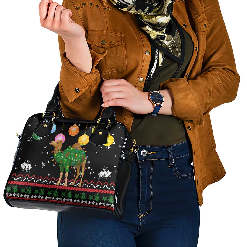 Kuwait Christmas Shoulder Handbag with Camel in Festive Ornaments Snowflakes and Green Red - Wonder Print Shop