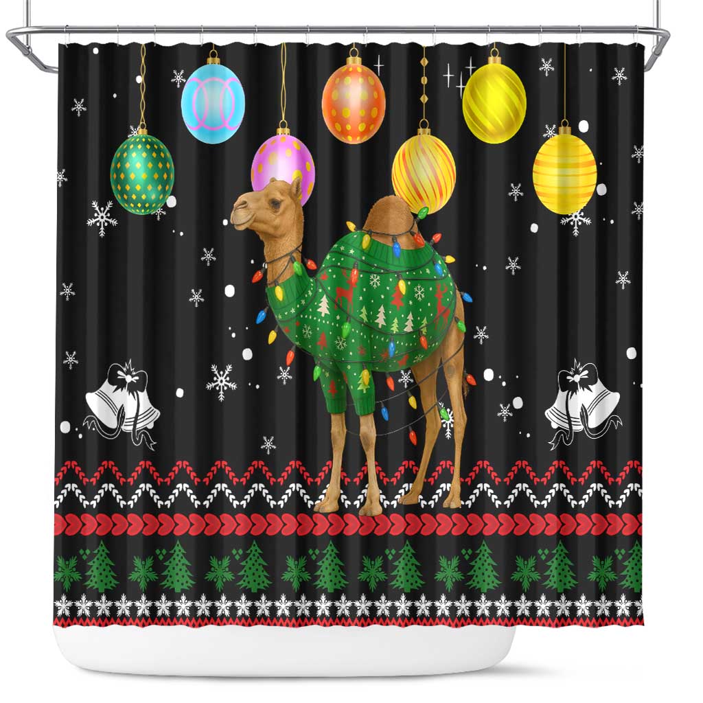 Kuwait Christmas Shower Curtain with Camel in Festive Ornaments Snowflakes and Green Red - Wonder Print Shop