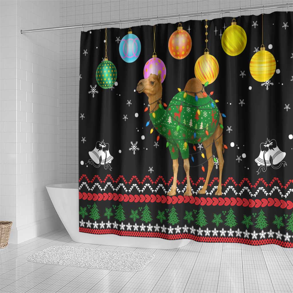 Kuwait Christmas Shower Curtain with Camel in Festive Ornaments Snowflakes and Green Red - Wonder Print Shop