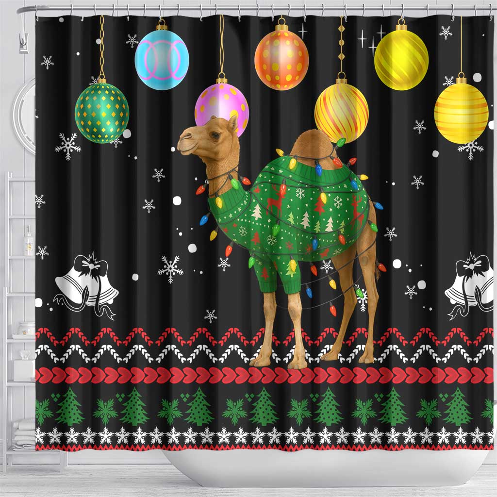 Kuwait Christmas Shower Curtain with Camel in Festive Ornaments Snowflakes and Green Red - Wonder Print Shop