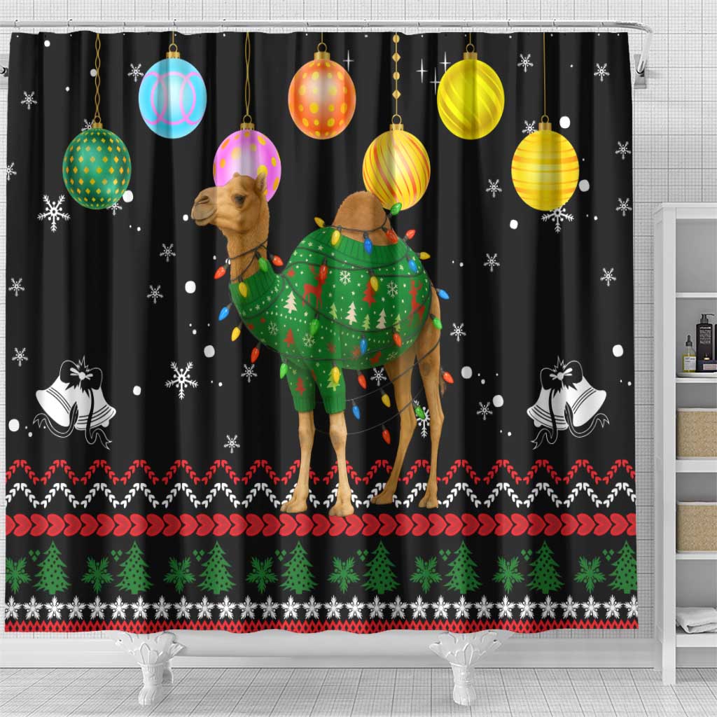 Kuwait Christmas Shower Curtain with Camel in Festive Ornaments Snowflakes and Green Red - Wonder Print Shop