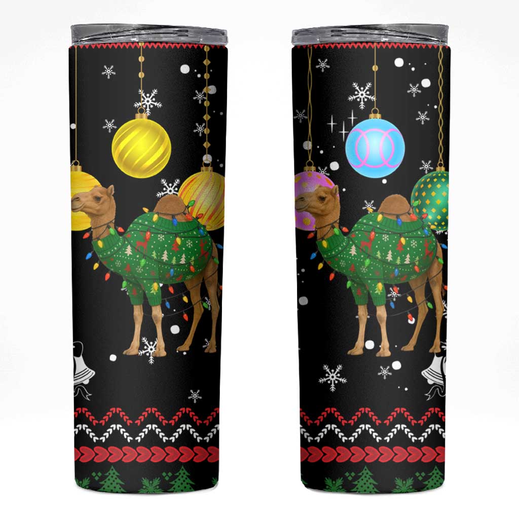 Kuwait Christmas Skinny Tumbler with Camel in Festive Ornaments Snowflakes and Green Red - Wonder Print Shop