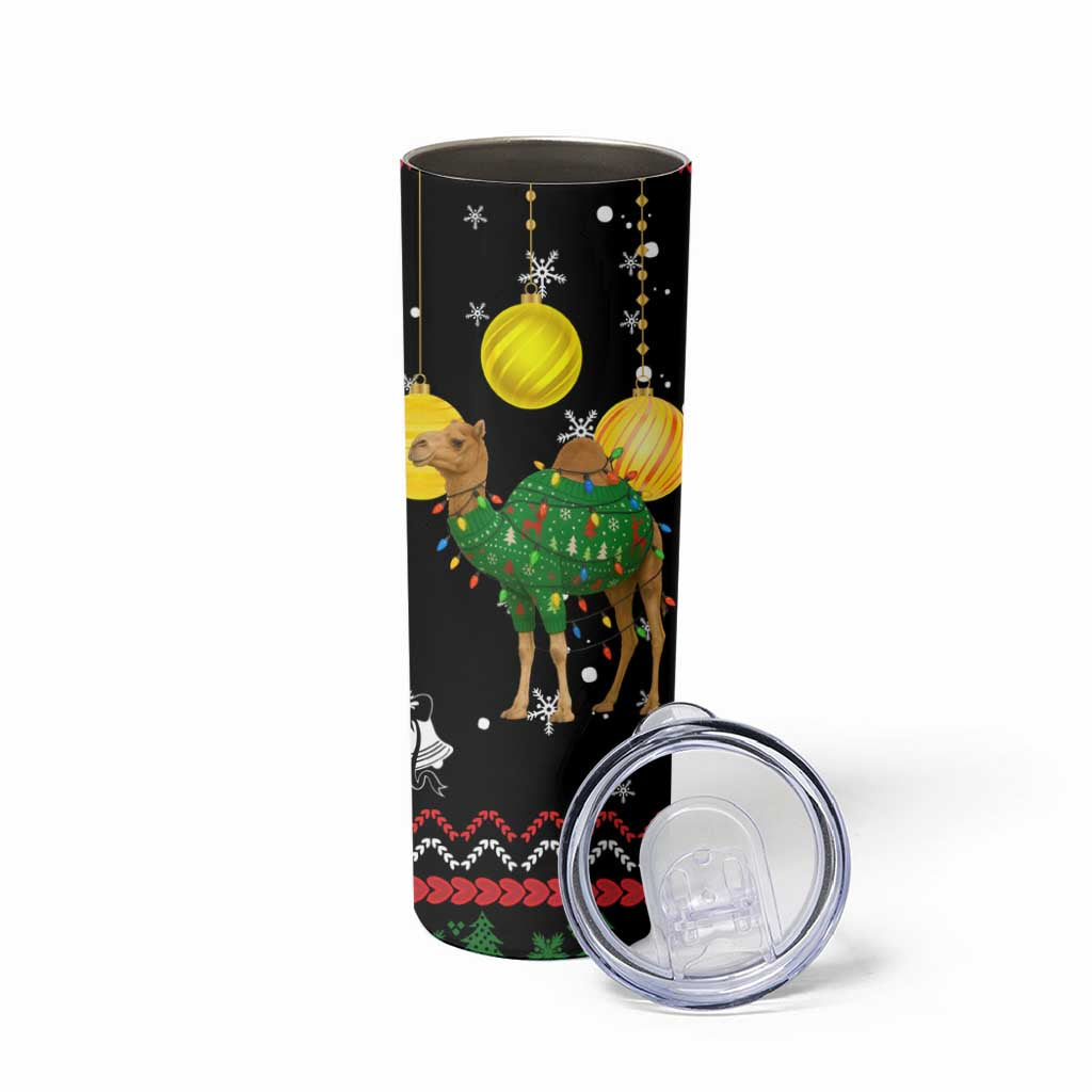Kuwait Christmas Skinny Tumbler with Camel in Festive Ornaments Snowflakes and Green Red - Wonder Print Shop