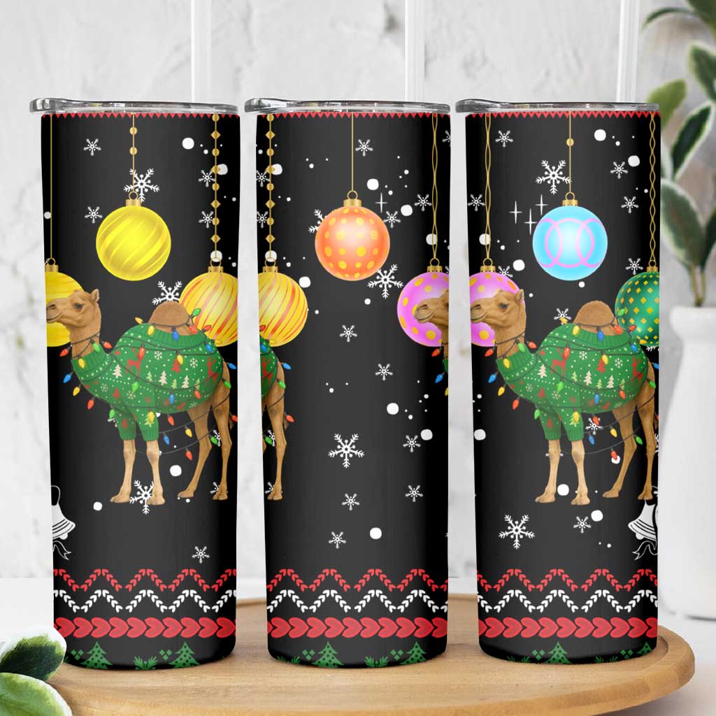 Kuwait Christmas Skinny Tumbler with Camel in Festive Ornaments Snowflakes and Green Red - Wonder Print Shop