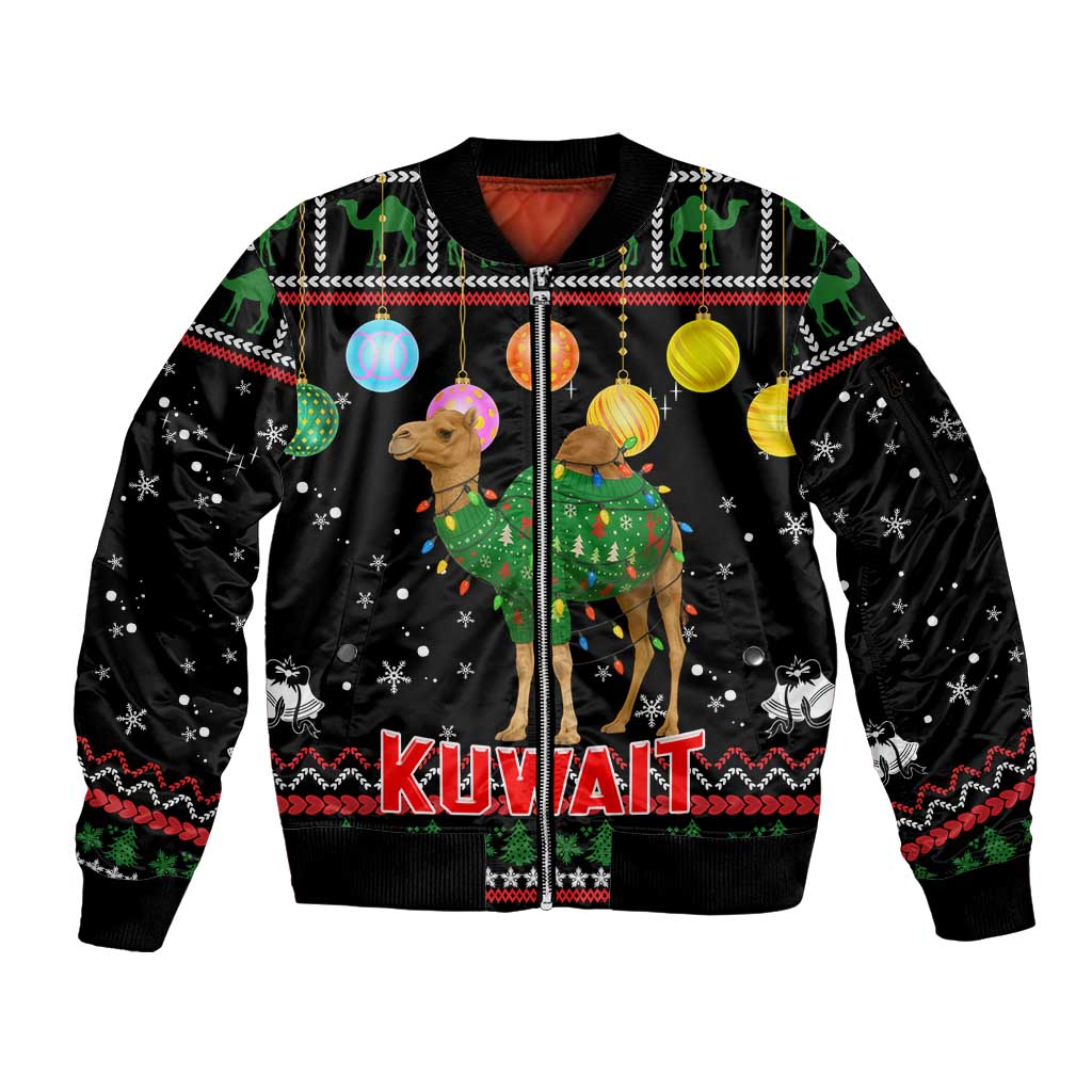 Kuwait Christmas Sleeve Zip Bomber Jacket with Camel in Festive Ornaments Snowflakes and Green Red - Wonder Print Shop