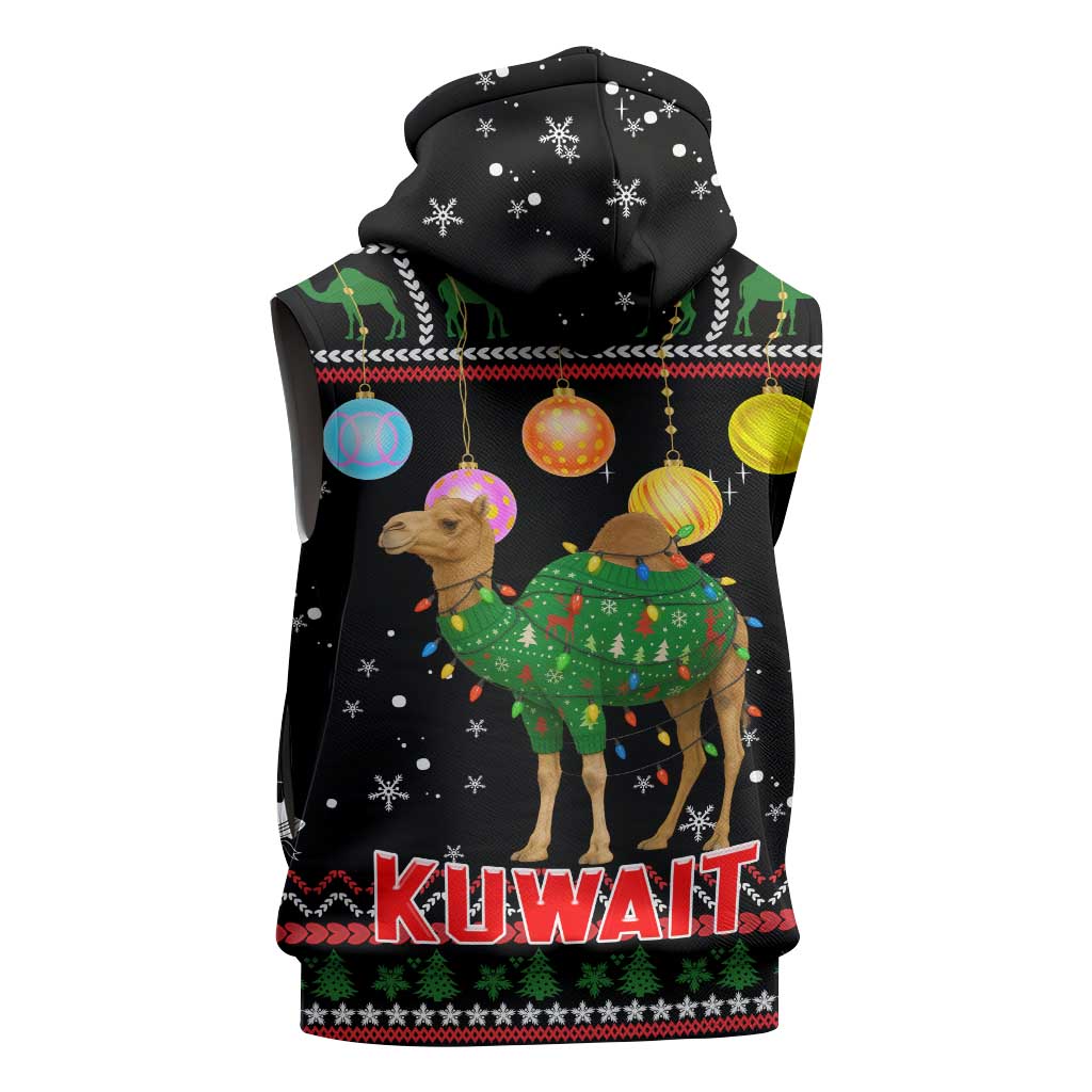 Kuwait Christmas Sleeveless Hoodie with Camel in Festive Ornaments Snowflakes and Green Red - Wonder Print Shop