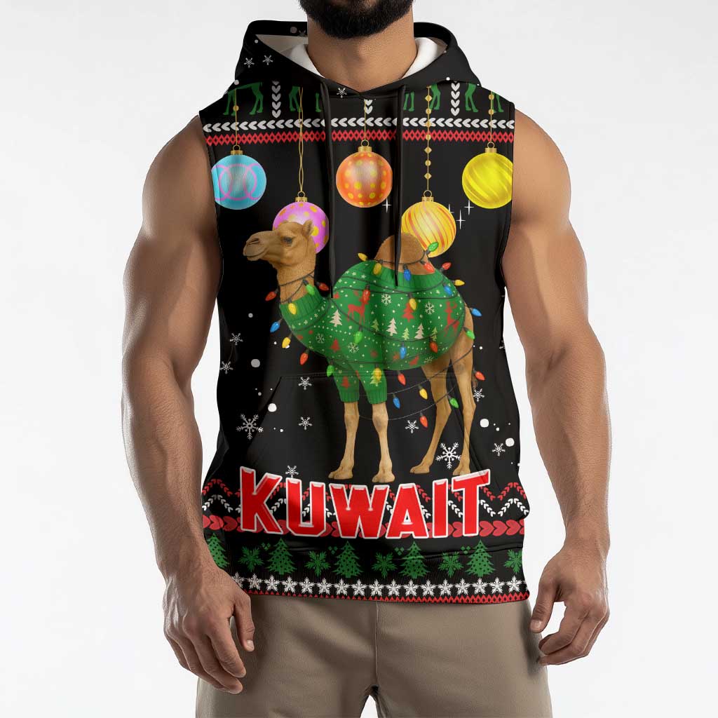 Kuwait Christmas Sleeveless Hoodie with Camel in Festive Ornaments Snowflakes and Green Red - Wonder Print Shop