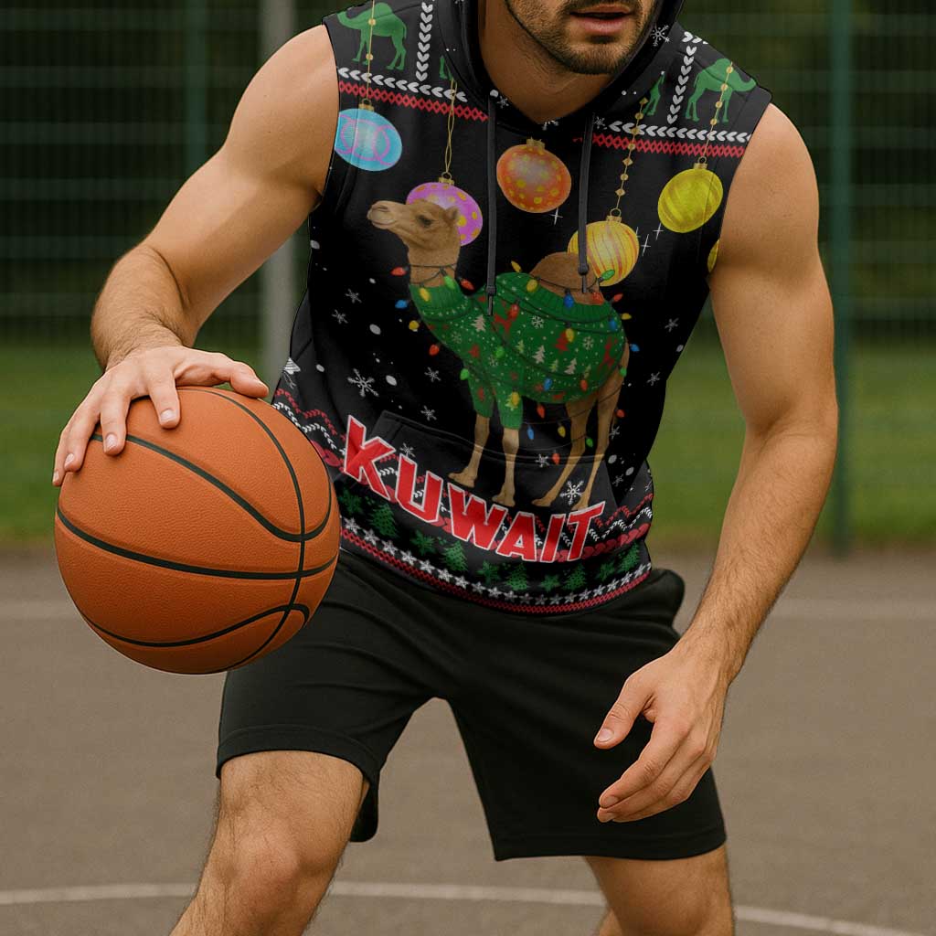 Kuwait Christmas Sleeveless Hoodie with Camel in Festive Ornaments Snowflakes and Green Red - Wonder Print Shop