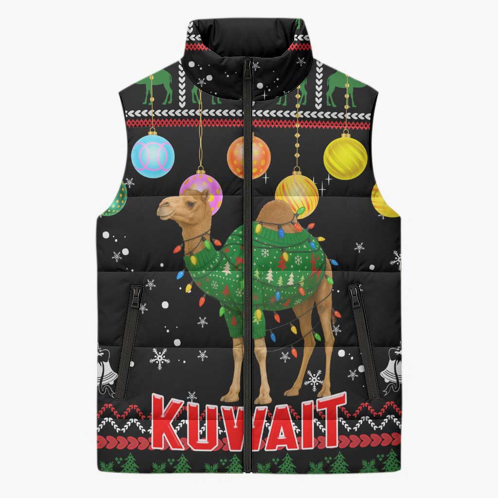 Kuwait Christmas Sleeveless Puffer Jacket with Camel in Festive Ornaments Snowflakes and Green Red - Wonder Print Shop