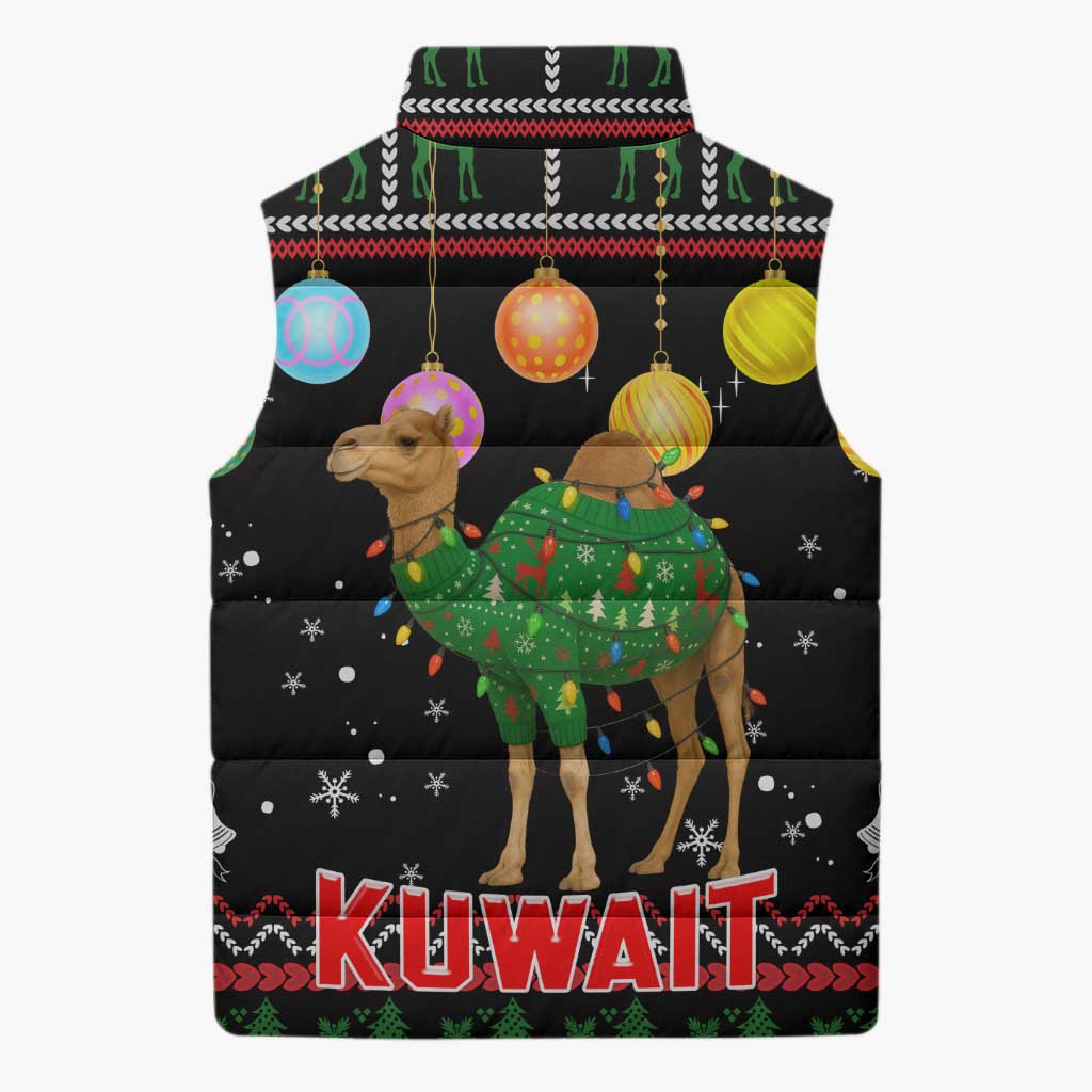 Kuwait Christmas Sleeveless Puffer Jacket with Camel in Festive Ornaments Snowflakes and Green Red - Wonder Print Shop